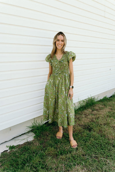 Martini Olive Floral Pattern Midi Dress D27755 - Southern Soule Designs