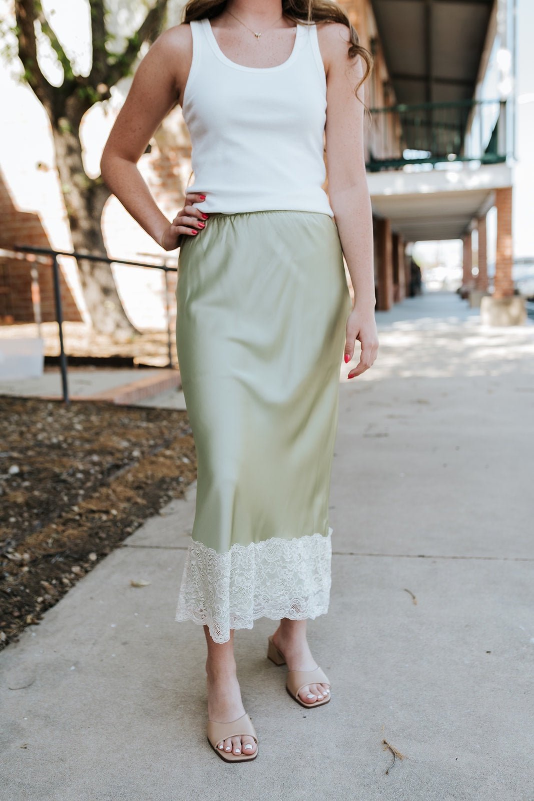 Matcha/Cream Lace Trim Satin Skirt WL25 - 11559 - Southern Soule Designs