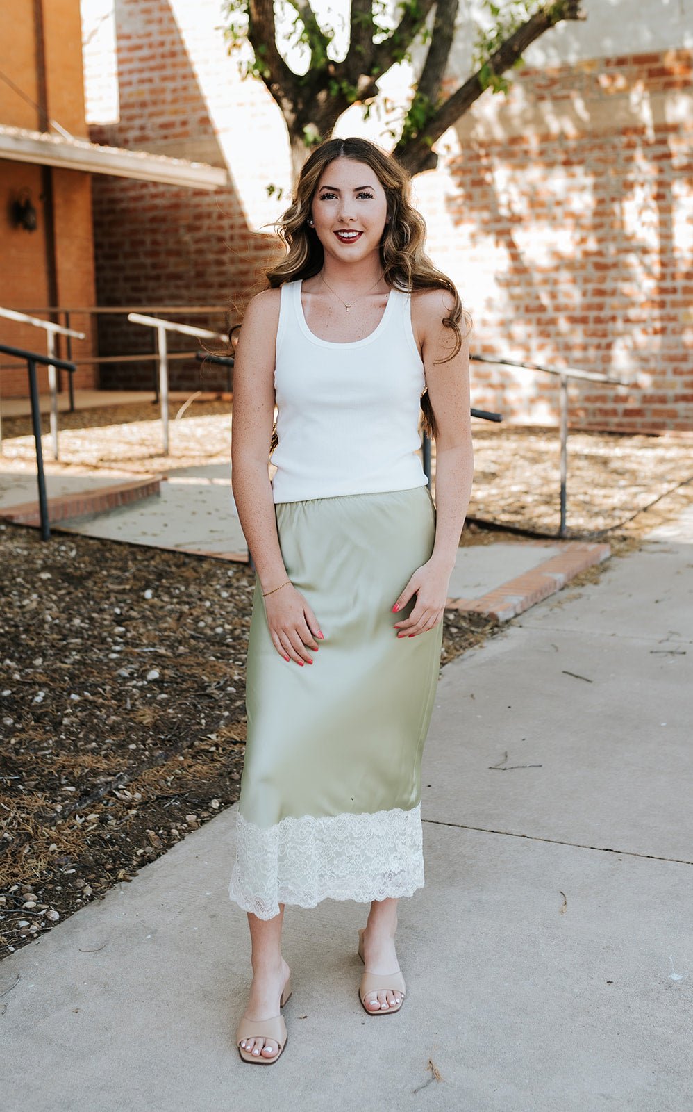 Matcha/Cream Lace Trim Satin Skirt WL25 - 11559 - Southern Soule Designs
