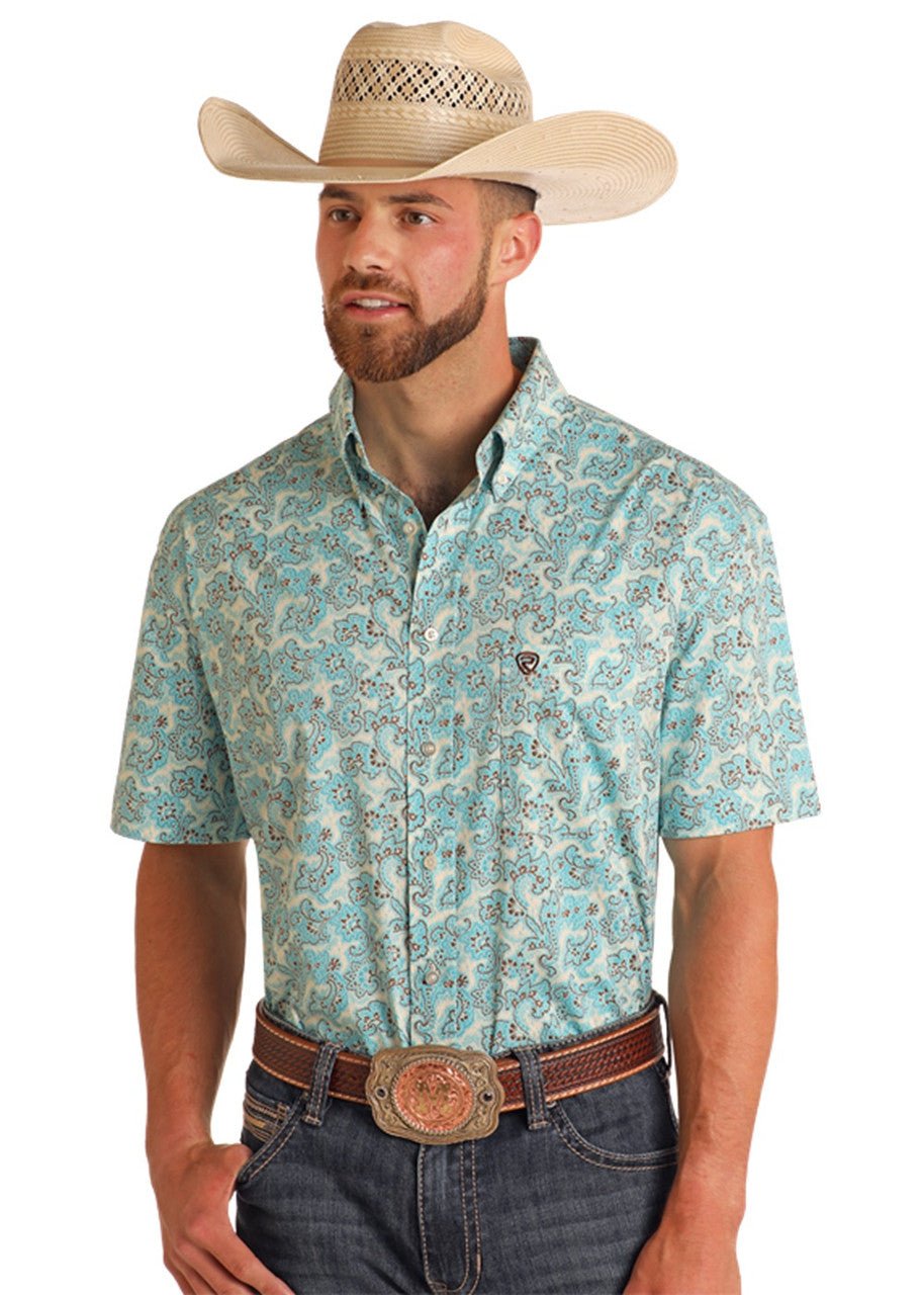 Men's Paisley Print Short Sleeve Bright Turquoise BMB3S05850 - Southern Soule Designs