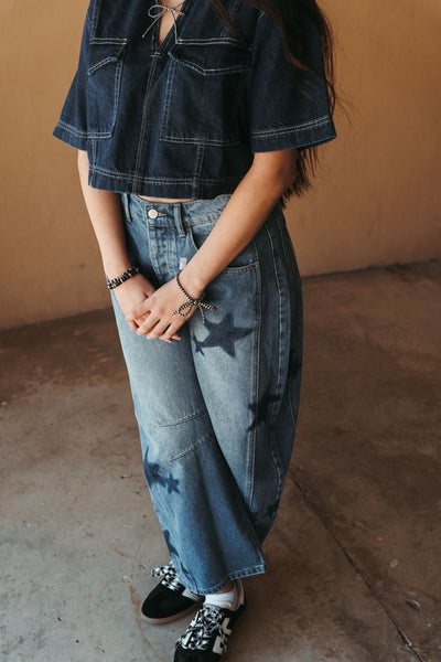 Mineral Washed Dark Denim Star Barrel Leg Jeans PH12629 - Southern Soule Designs