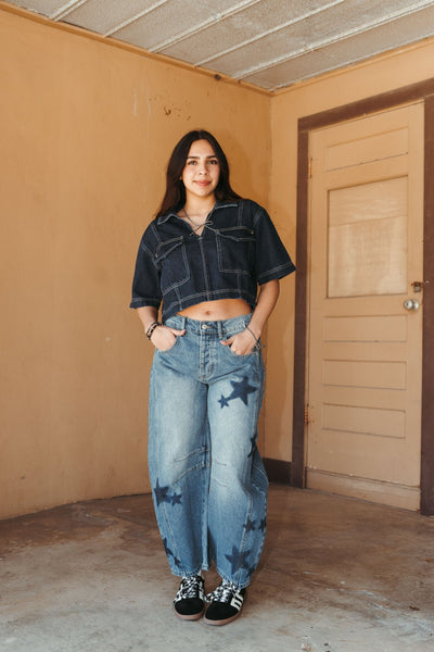 Mineral Washed Dark Denim Star Barrel Leg Jeans PH12629 - Southern Soule Designs