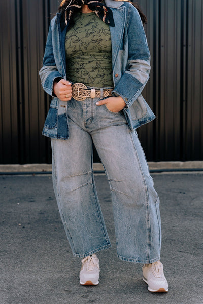 Mineral Washed Denim Barrel Leg Jean PK11491 - Southern Soule Designs