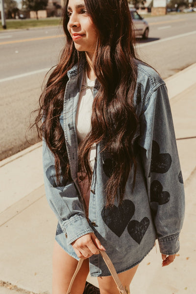 Mineral Washed Denim Heart Pattern Shirt TH12082 - Southern Soule Designs