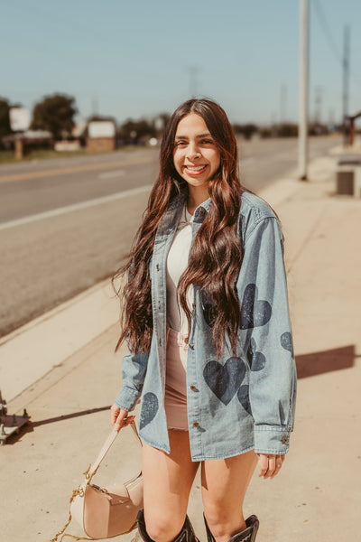 Mineral Washed Denim Heart Pattern Shirt TH12082 - Southern Soule Designs