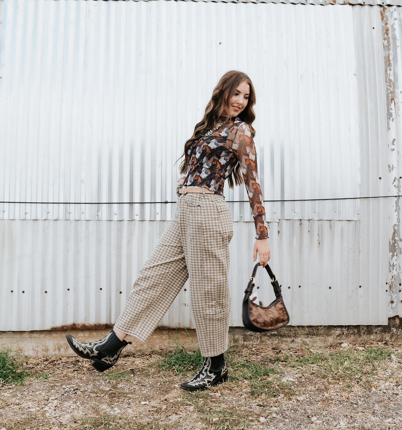 Mini Checker Pattern Barrel Pants P5936 - Southern Soule Designs