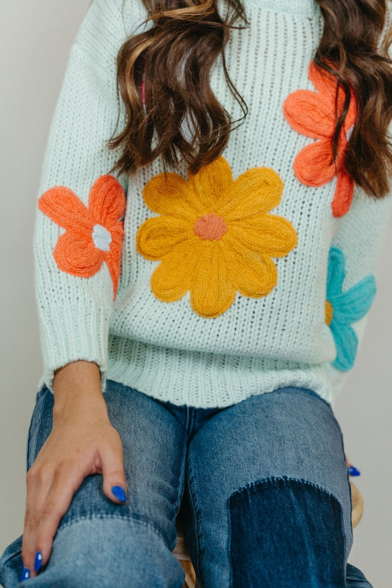 Mint Floral Stitched Sweater - Southern Soule Designs