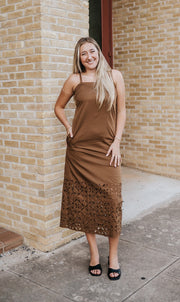 Mocha Broder Embroidery Midi Dress D6087 - Southern Soule Designs