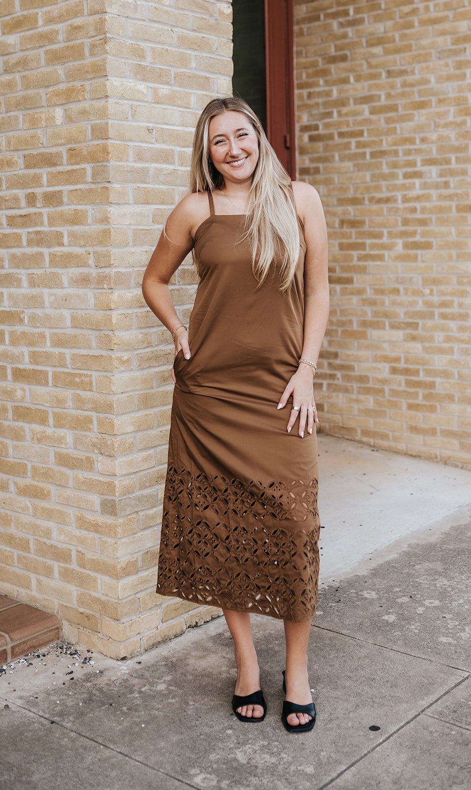 Mocha Broder Embroidery Midi Dress D6087 - Southern Soule Designs
