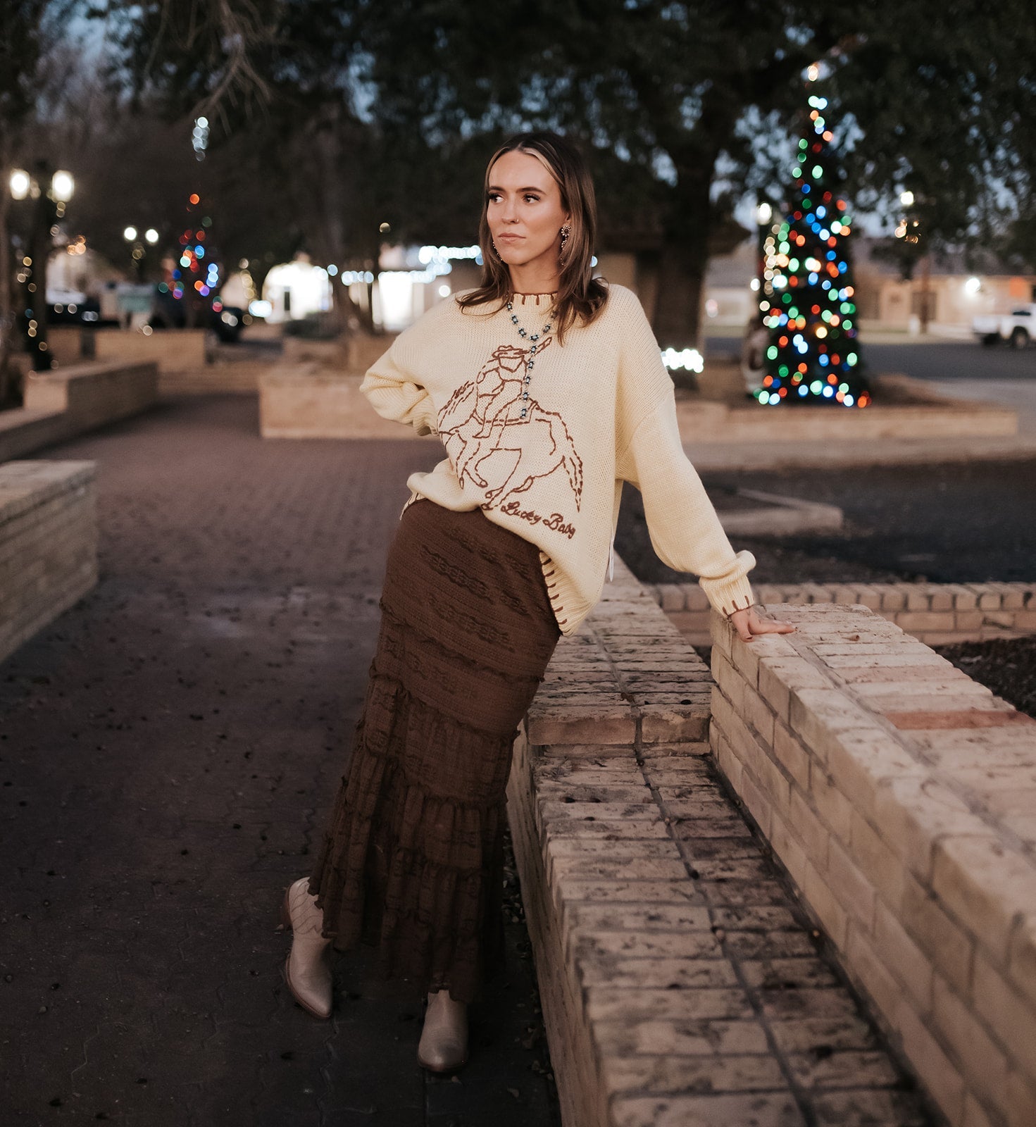 Mocha Brown Lace Tiered Ruffle Trim Midi Skirt MSK4395 - Southern Soule Designs