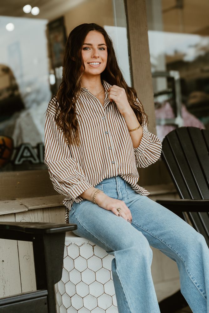 Mocha Striped 3/4 Sleeve Top T24501 - Southern Soule Designs