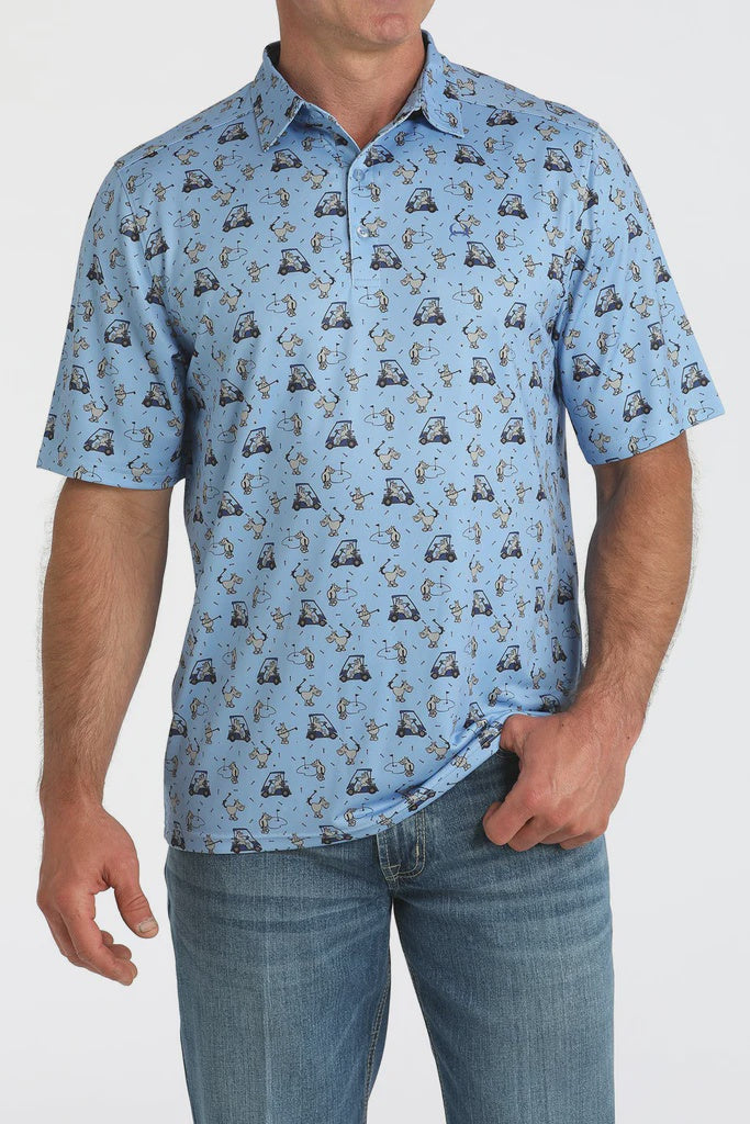 Cinch Men's Animal Golf Cart Print Arenaflex Polo Light Blue MTK1863048