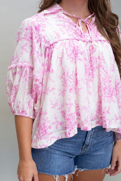 MTP3055 White/Pink Floral Blouse - Southern Soule Designs