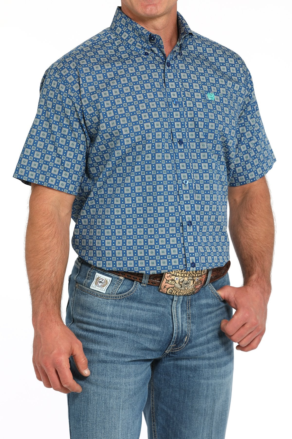 Cinch Men's Medallion Print Short Sleeve Shirt Royal MTW1111486