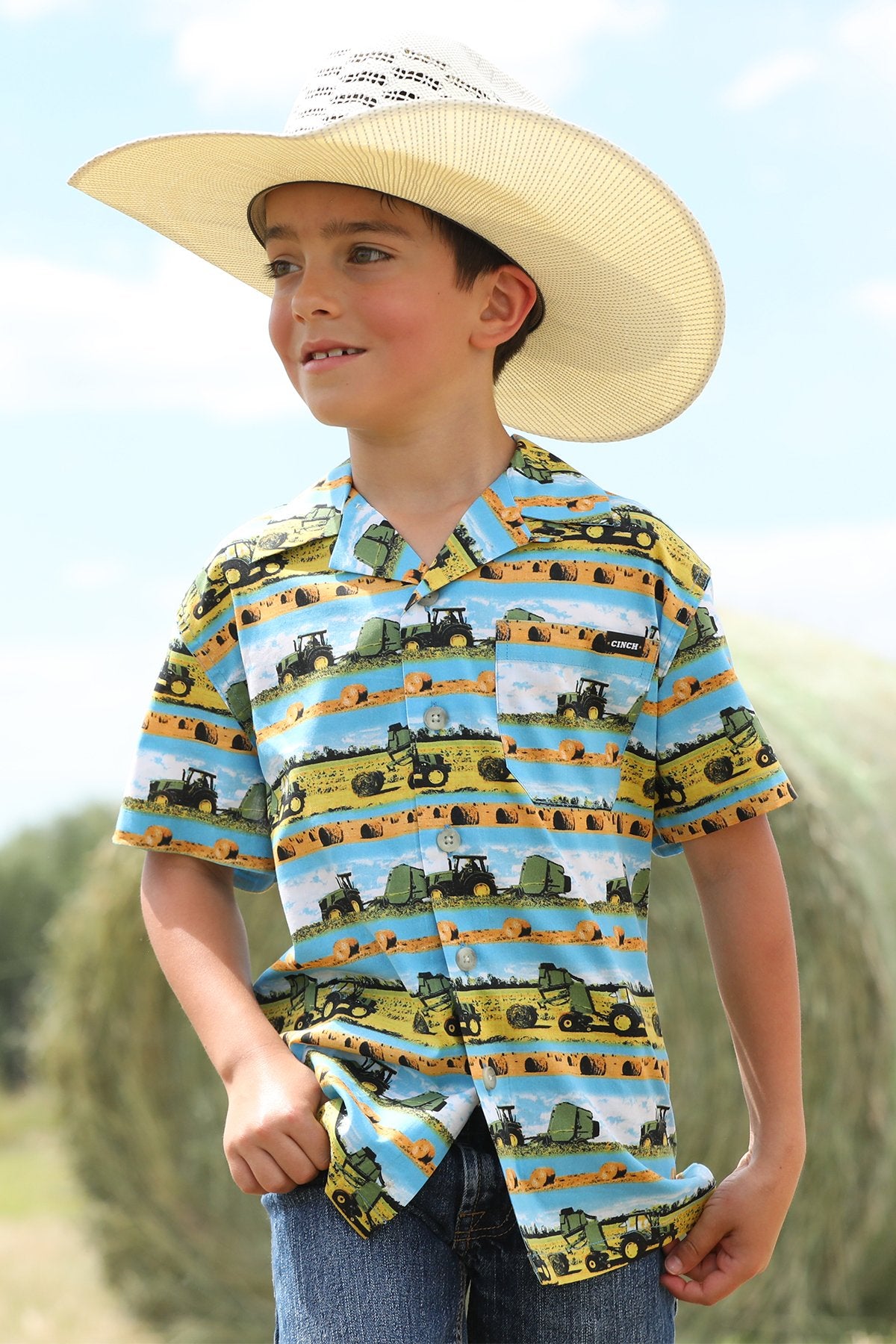Cinch Boy's Short Sleeve Hayin' Season Camp Shirt Blue MTW7170002