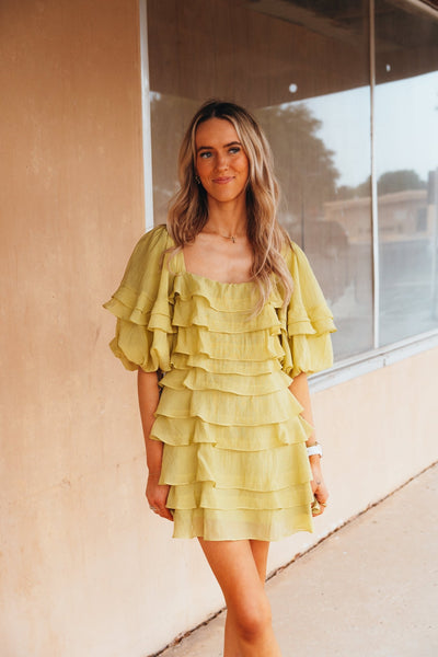 Muted Lime Tiered Ruffle Mini Dress D - 10066 - H - 7 - Southern Soule Designs