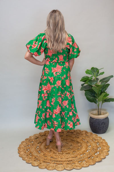 Green Floral Puff Slv Dress