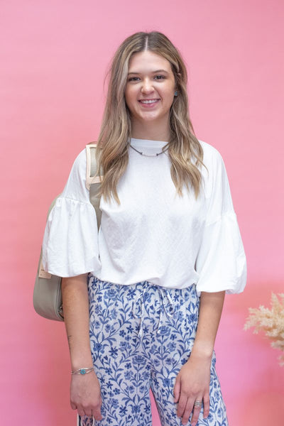 White Bubble Sleeve Rayon Top