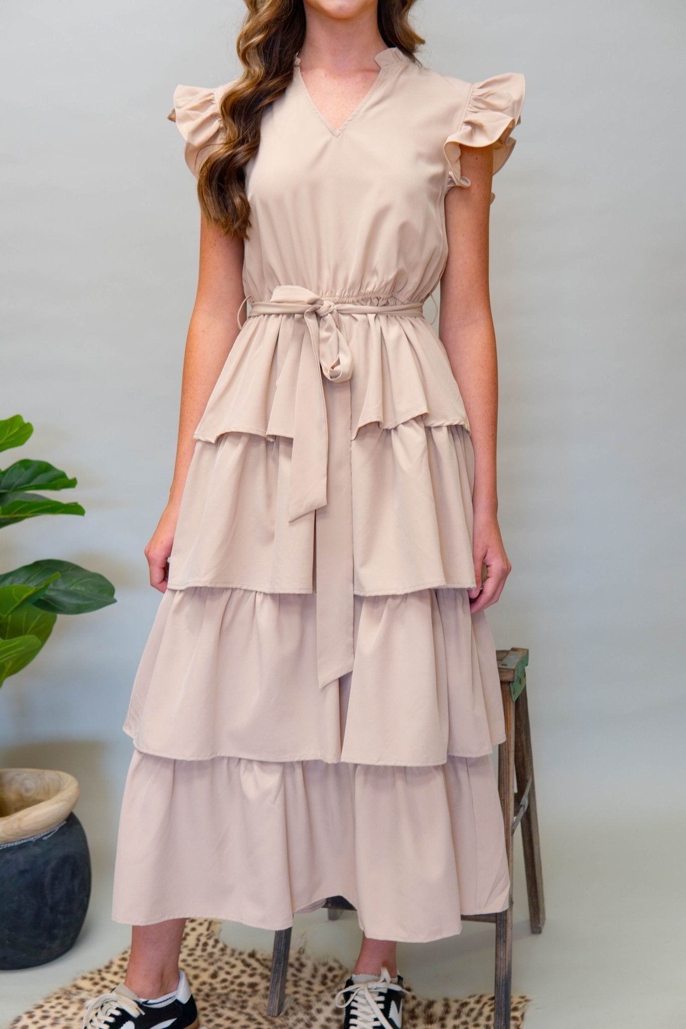 Natural Flutter Sleeve Belted Maxi Dress 1236D - Southern Soule Designs