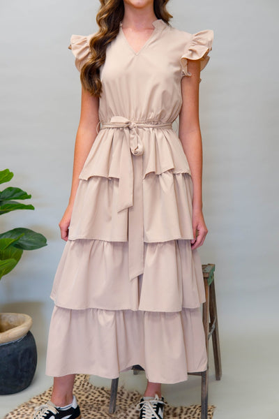 Natural Flutter Sleeve Belted Maxi Dress 1236D - Southern Soule Designs