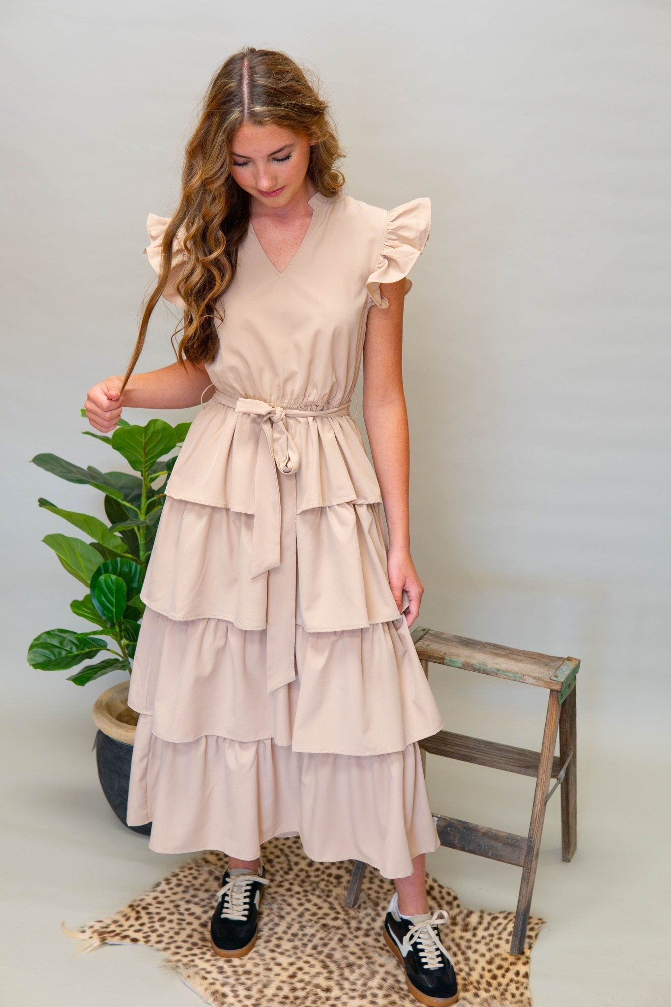 Natural Flutter Sleeve Belted Maxi Dress 1236D - Southern Soule Designs
