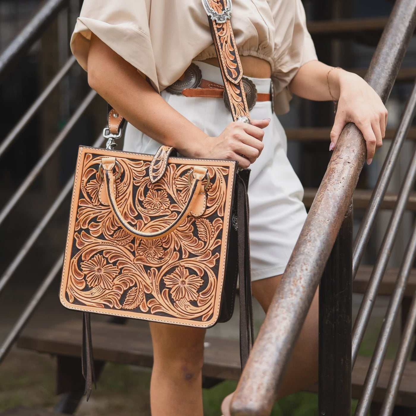 Natural Leather Square Tote SQT24 - Southern Soule Designs