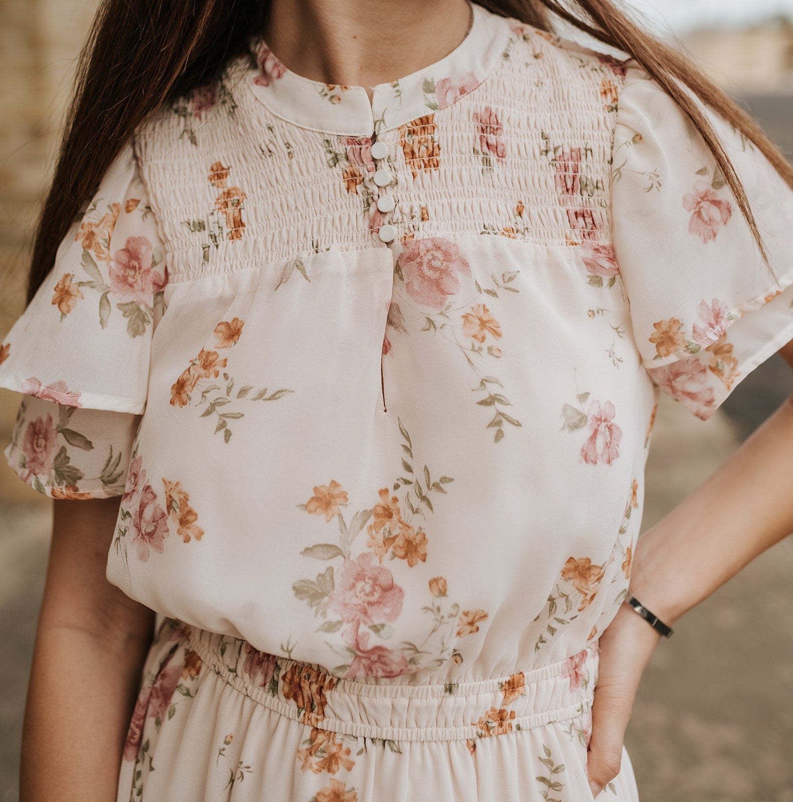 Natural/Dusty Rose Floral Smocked Mini Dress I - 73773WL - TLY - ZC - Southern Soule Designs
