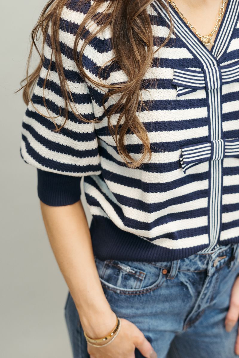 Navy Bow Detailed V Neck Striped Knit Top 34667 - Southern Soule Designs