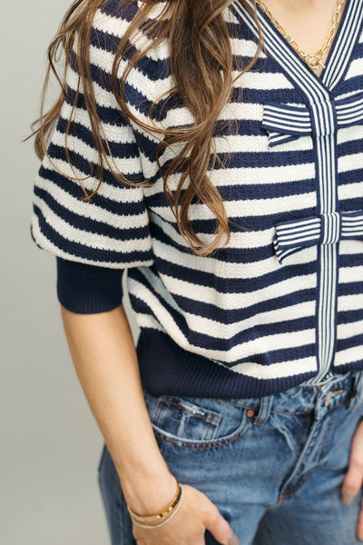 Navy Bow Detailed V Neck Striped Knit Top 34667 - Southern Soule Designs