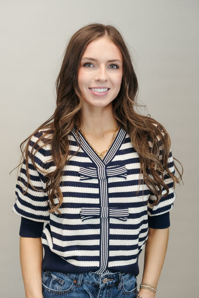 Navy Bow Detailed V Neck Striped Knit Top 34667 - Southern Soule Designs
