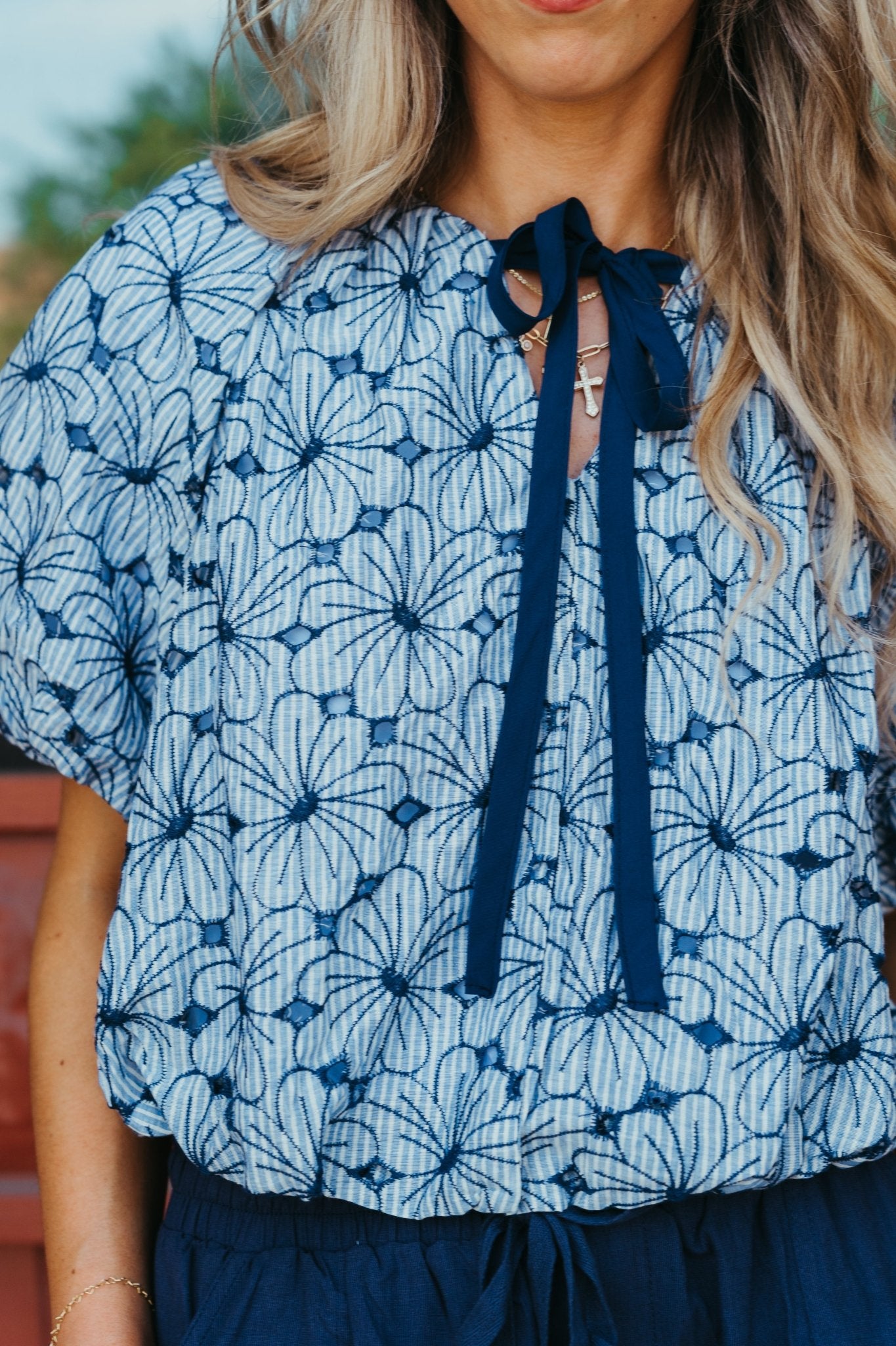 Navy Floral Print Balloon Front Tie Top LT1396 - NVY - Southern Soule Designs