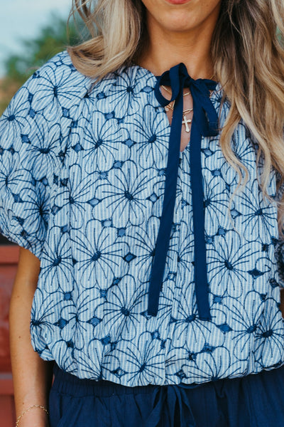 Navy Floral Print Balloon Front Tie Top LT1396 - NVY - Southern Soule Designs