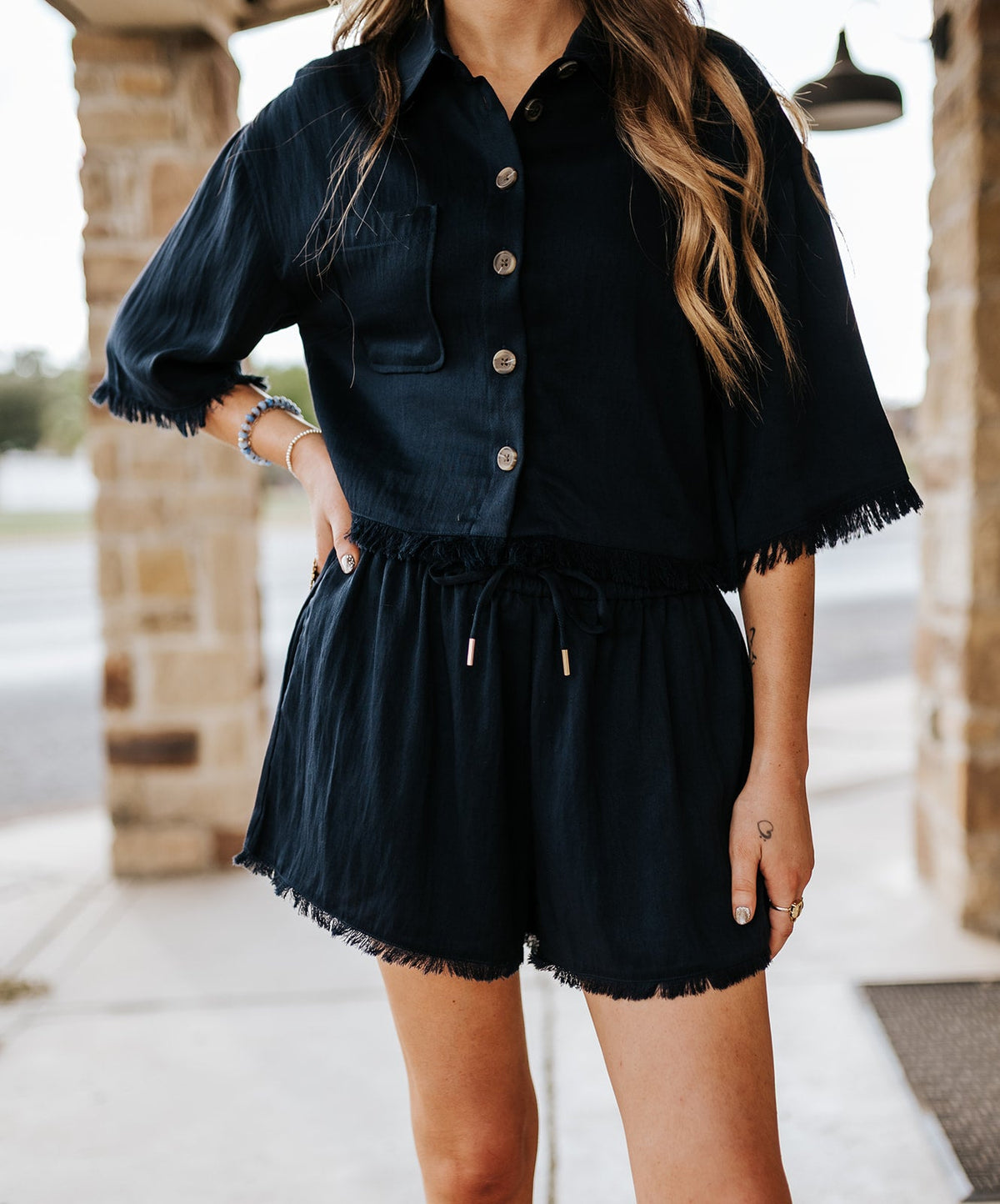 Navy Frayed Hem Drawstring Shorts LR3155 - Southern Soule Designs