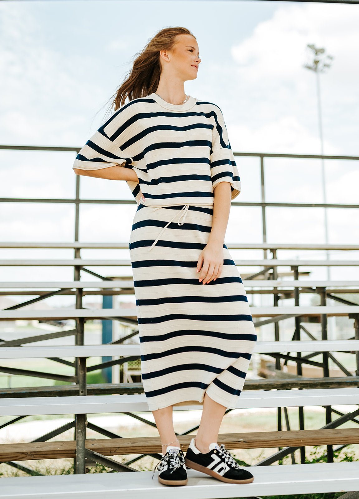 Navy Relaxed Stripe Midi Skirt - J4361SW - Southern Soule Designs