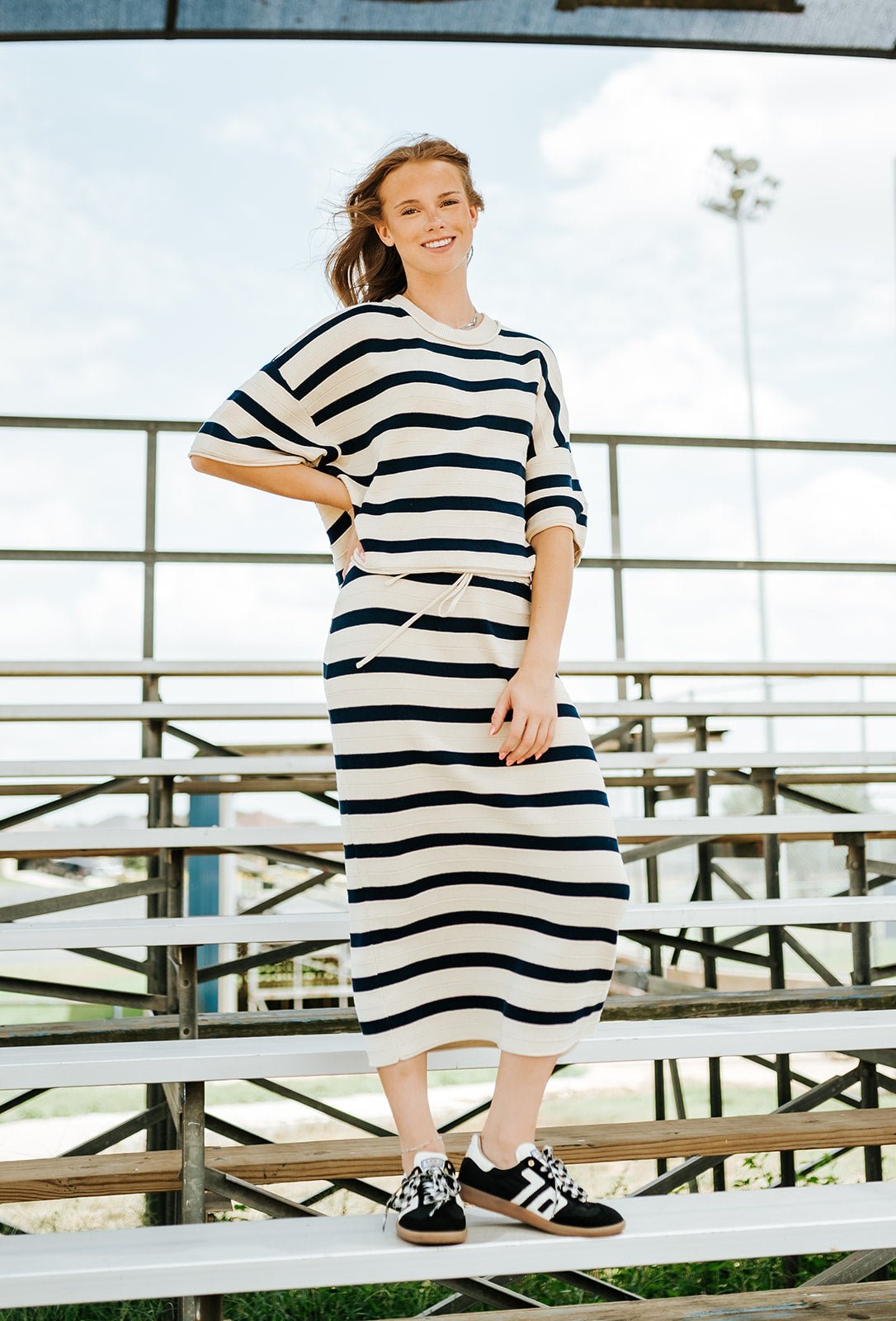 Navy Relaxed Stripe Midi Skirt - J4361SW - Southern Soule Designs