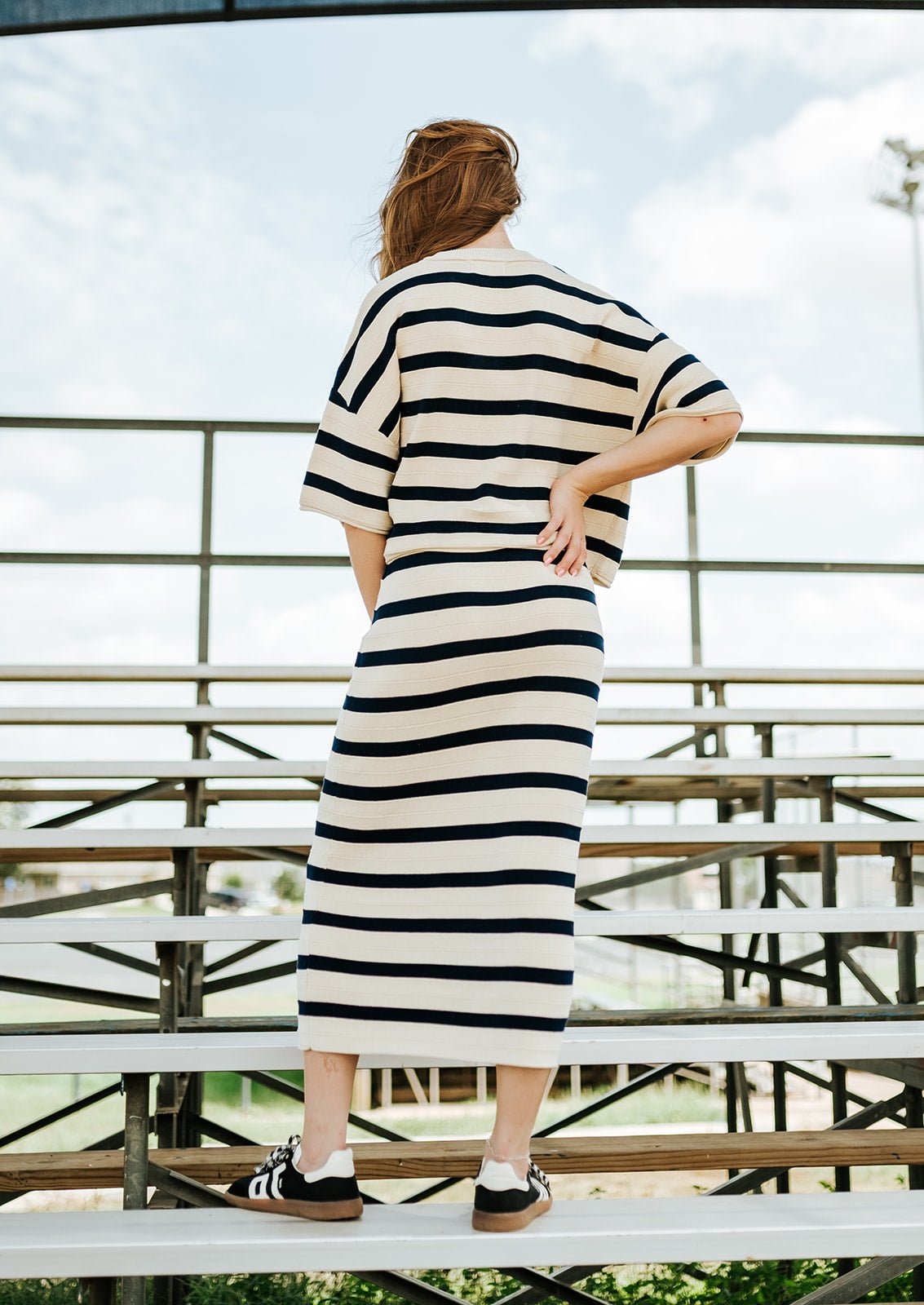 Navy Relaxed Stripe Midi Skirt - J4361SW - Southern Soule Designs