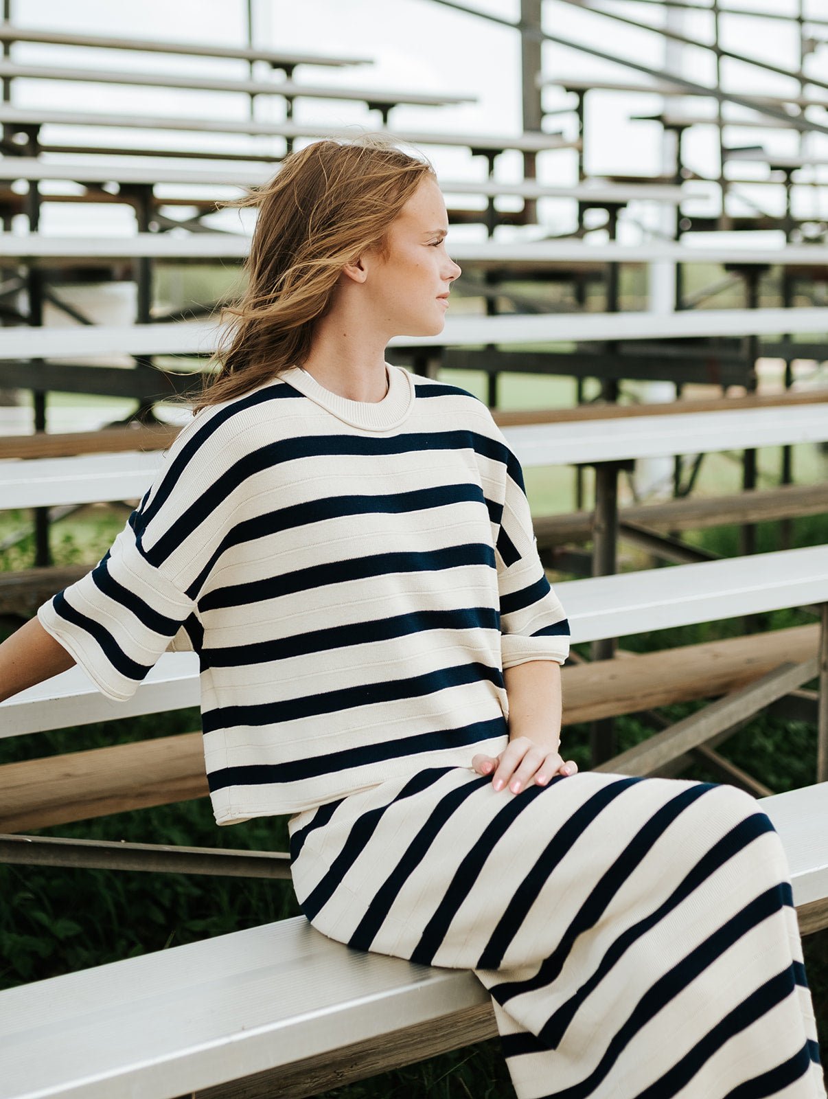 Navy Relaxed Stripe Midi Skirt - J4361SW - Southern Soule Designs