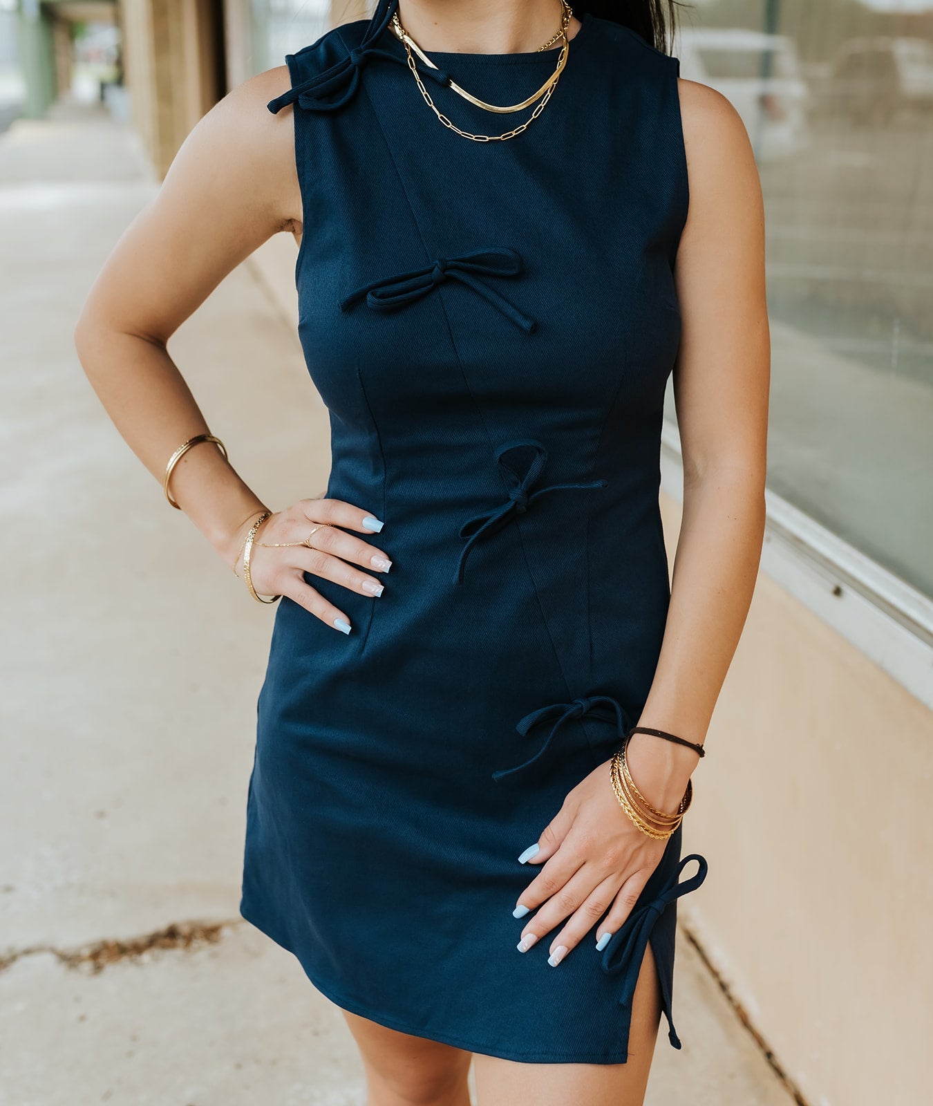 Navy Ribbon Twill Mini Dress ID9976 - Southern Soule Designs
