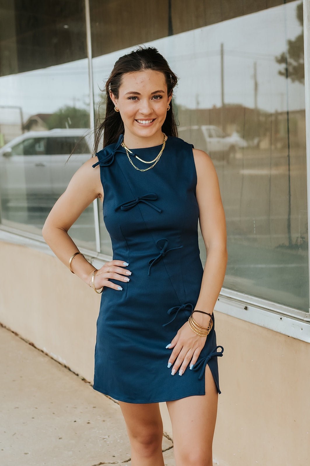 Navy Ribbon Twill Mini Dress ID9976 - Southern Soule Designs