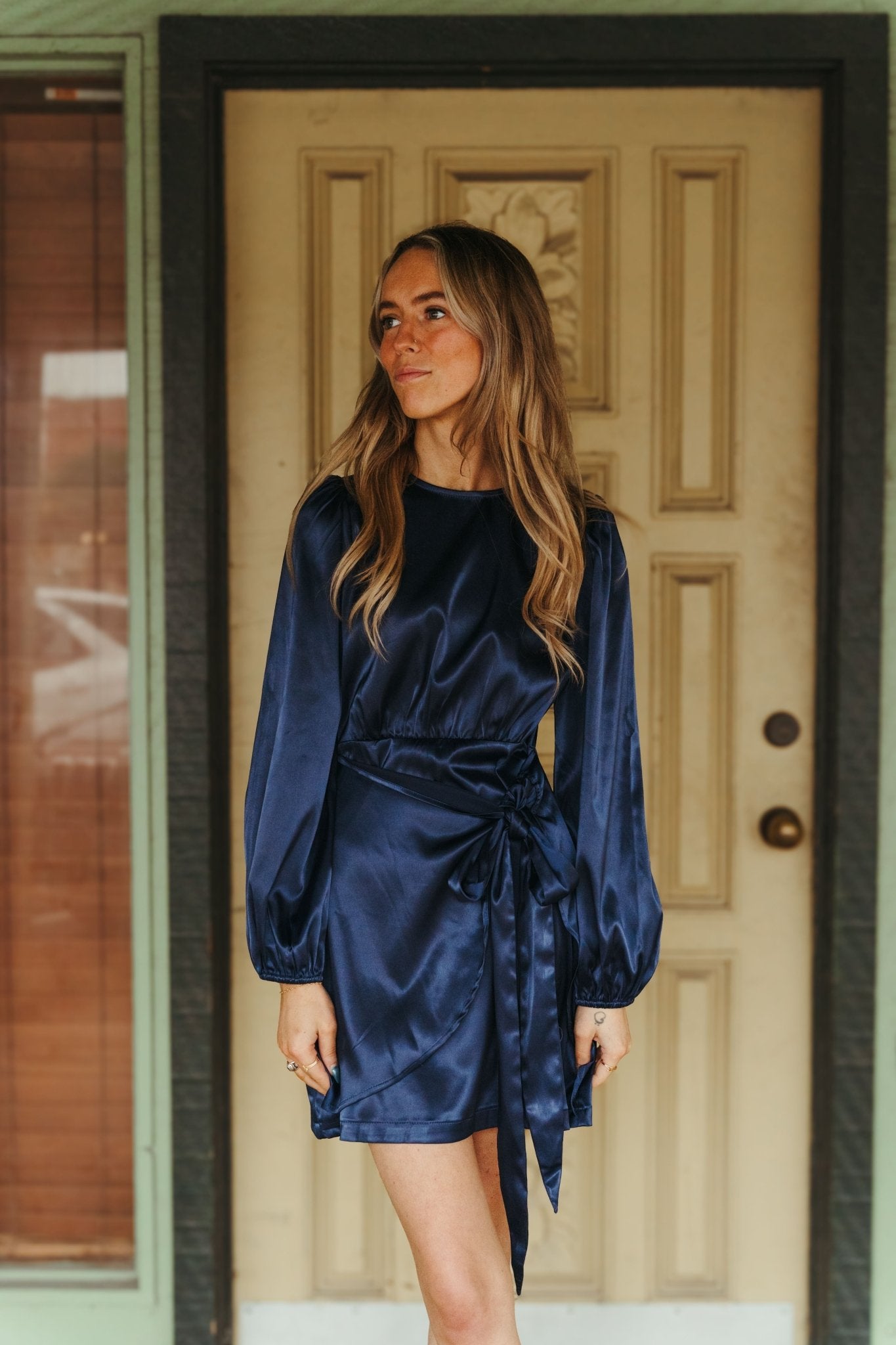 Navy Satin Long Sleeve Front Layered Tie Dress CD05220 - Southern Soule Designs