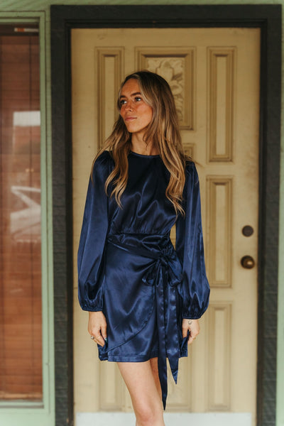 Navy Satin Long Sleeve Front Layered Tie Dress CD05220 - Southern Soule Designs