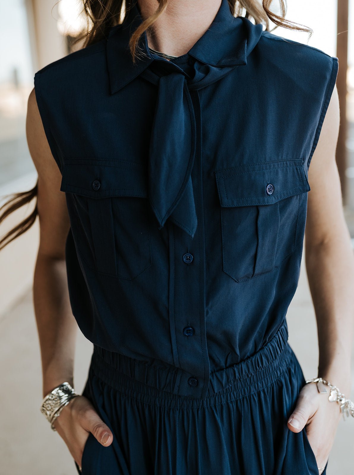 Navy Sleeveless Collared Crop Top - Southern Soule Designs