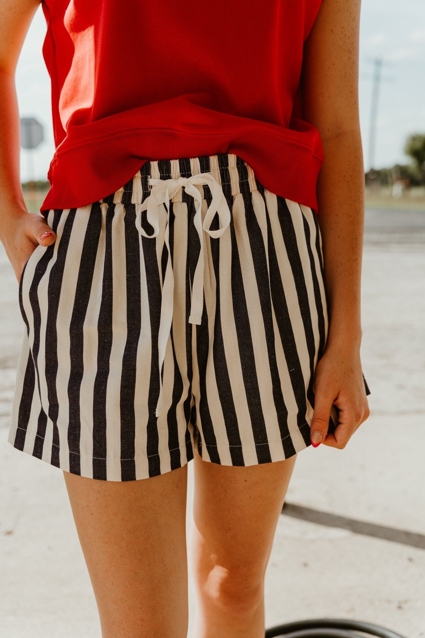 Navy Stripe twill denim Shorts AP6184W - Southern Soule Designs