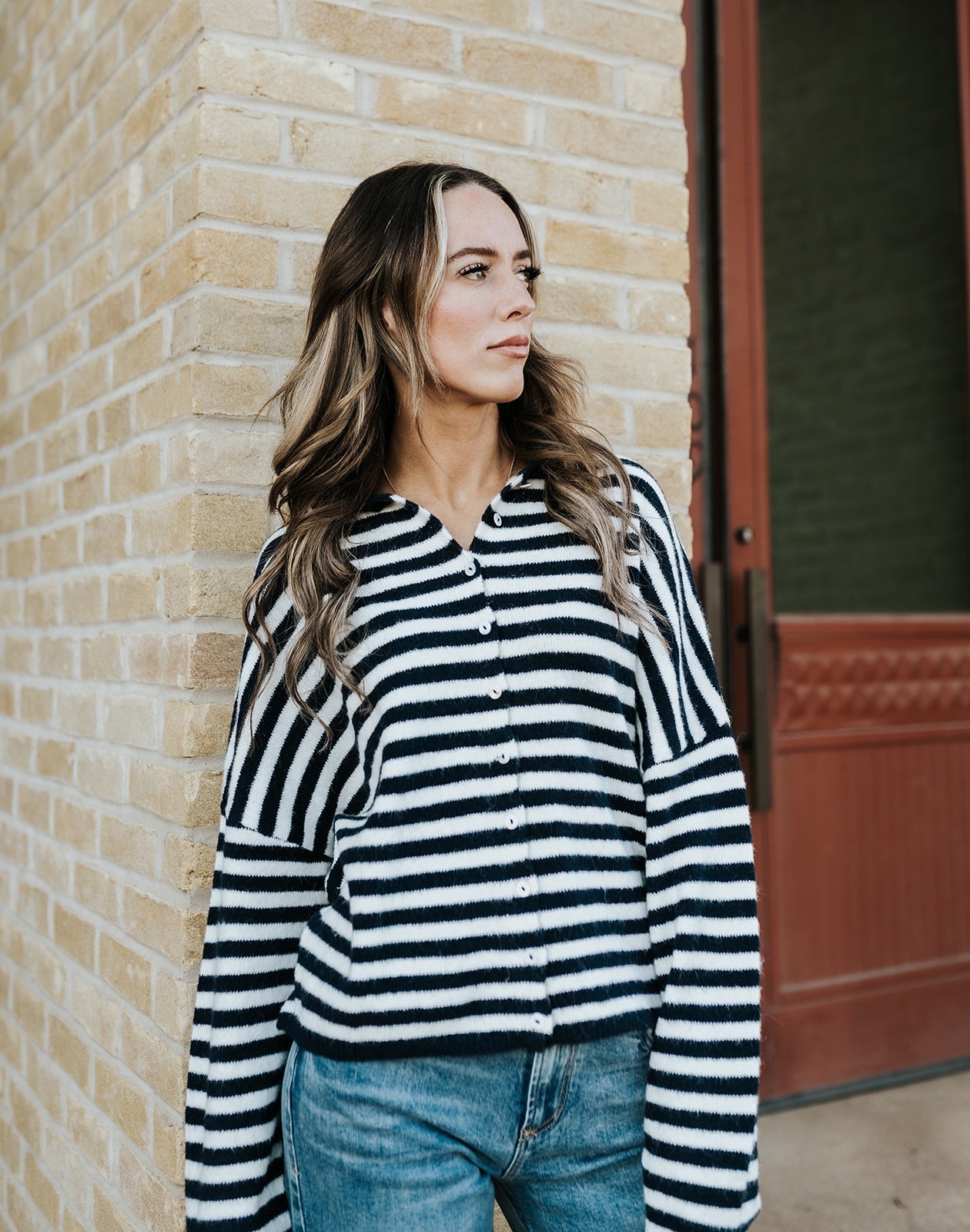 Navy Striped Lightweight Cardigan TBW1223 - Southern Soule Designs