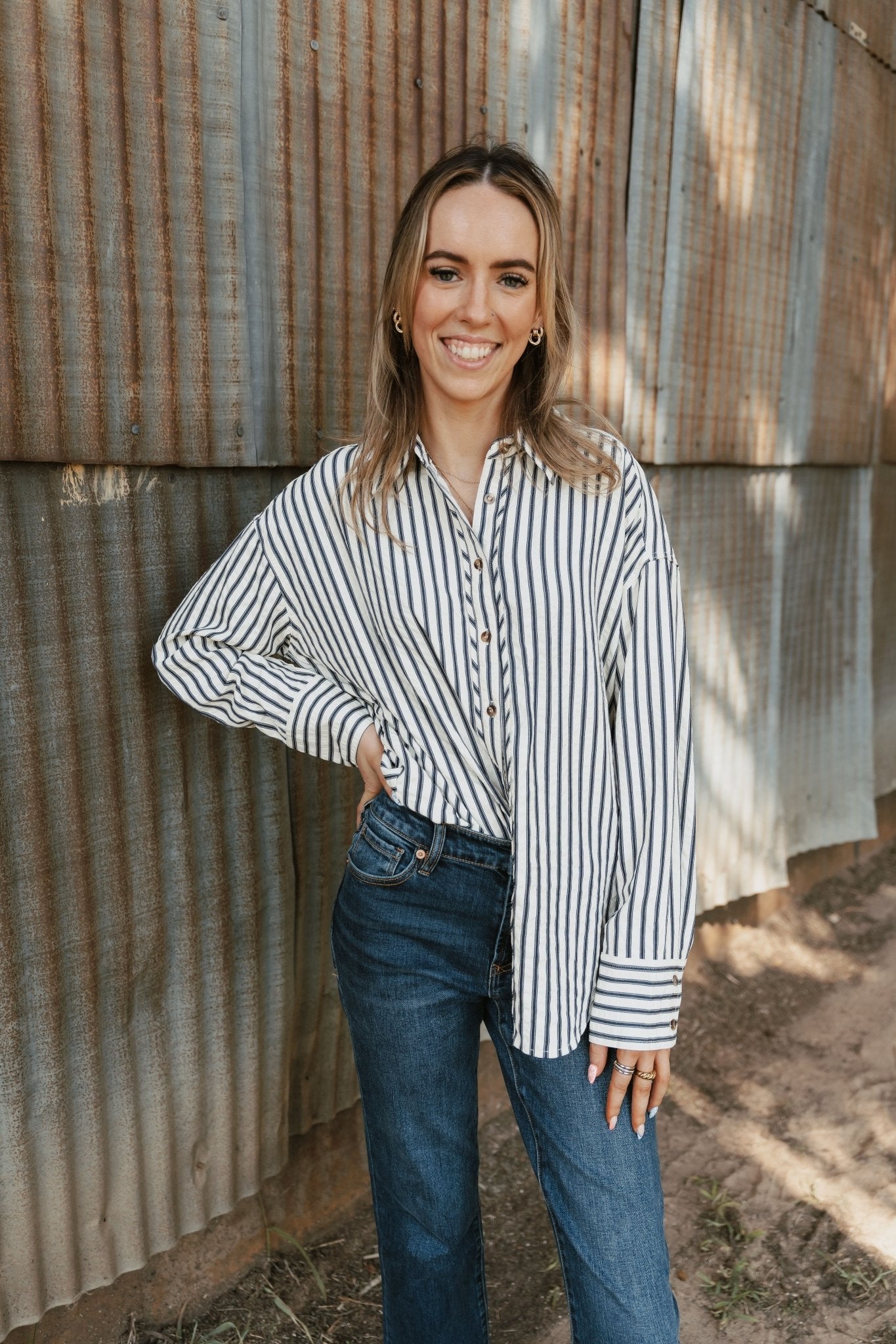 Navy Striped Long Sleeve Button Down Shirt T27667 - Southern Soule Designs