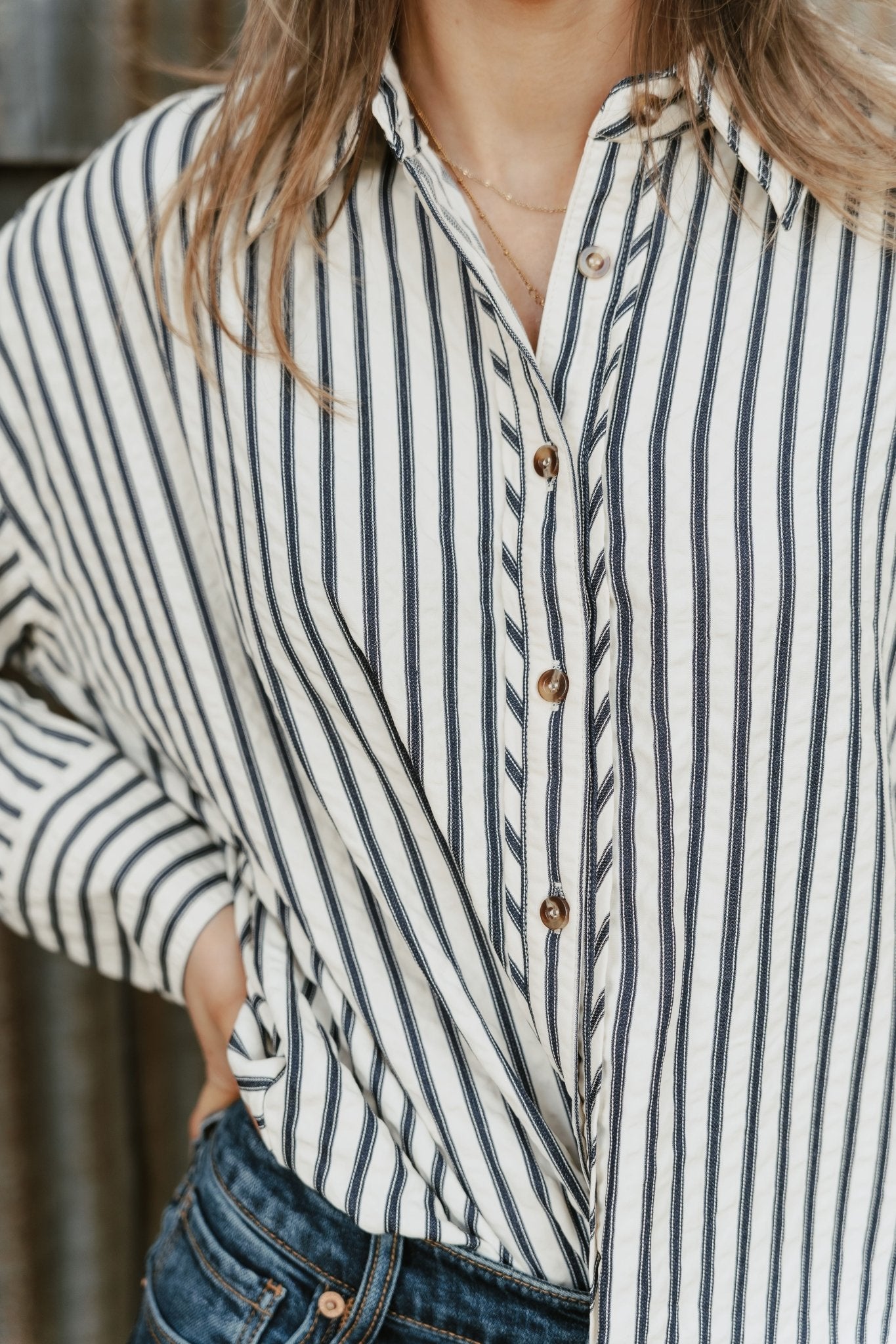Navy Striped Long Sleeve Button Down Shirt T27667 - Southern Soule Designs