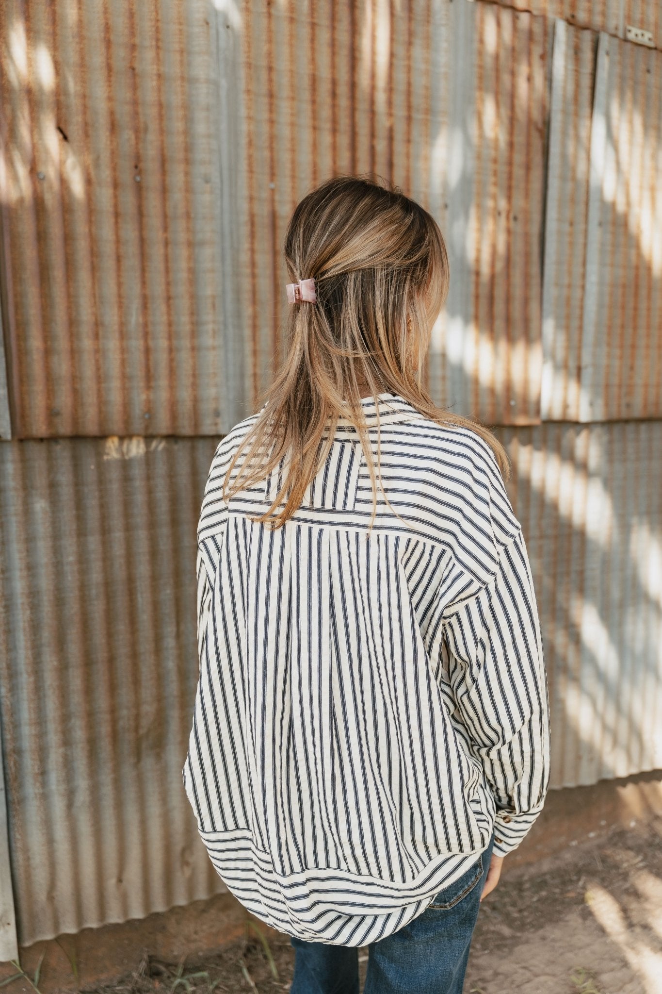 Navy Striped Long Sleeve Button Down Shirt T27667 - Southern Soule Designs