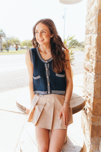 Navy Sweater Vest with Accented Pearl Button T25700 - Southern Soule Designs