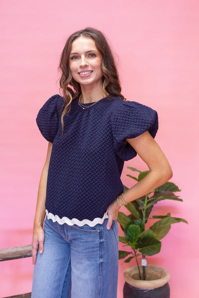 Navy Wavy Trim Bubble Sleeve Top 34511 - Southern Soule Designs