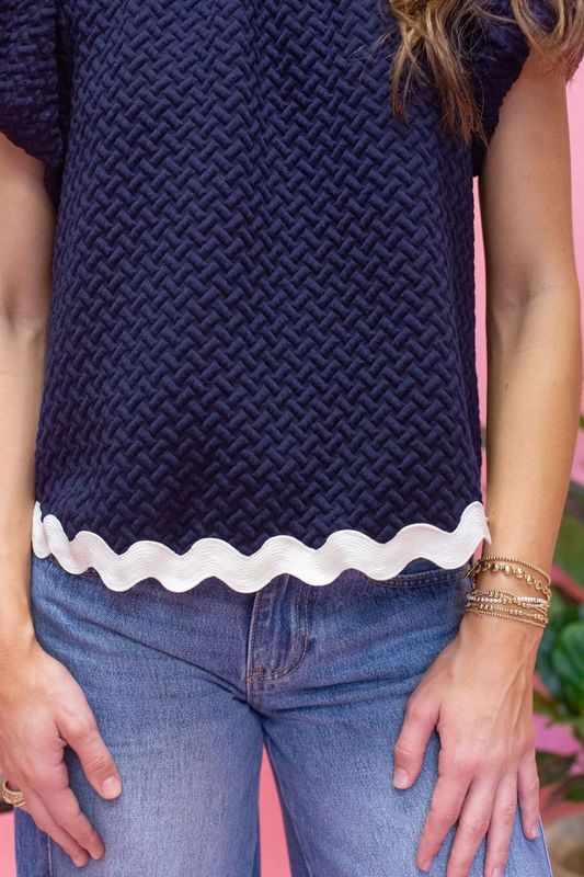 Navy Wavy Trim Bubble Sleeve Top 34511 - Southern Soule Designs